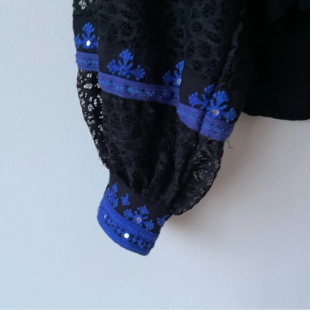 FREE‎ PEOPLE Boogie All Night Peasant Blouse Embroidered Mirror Lace Size Large